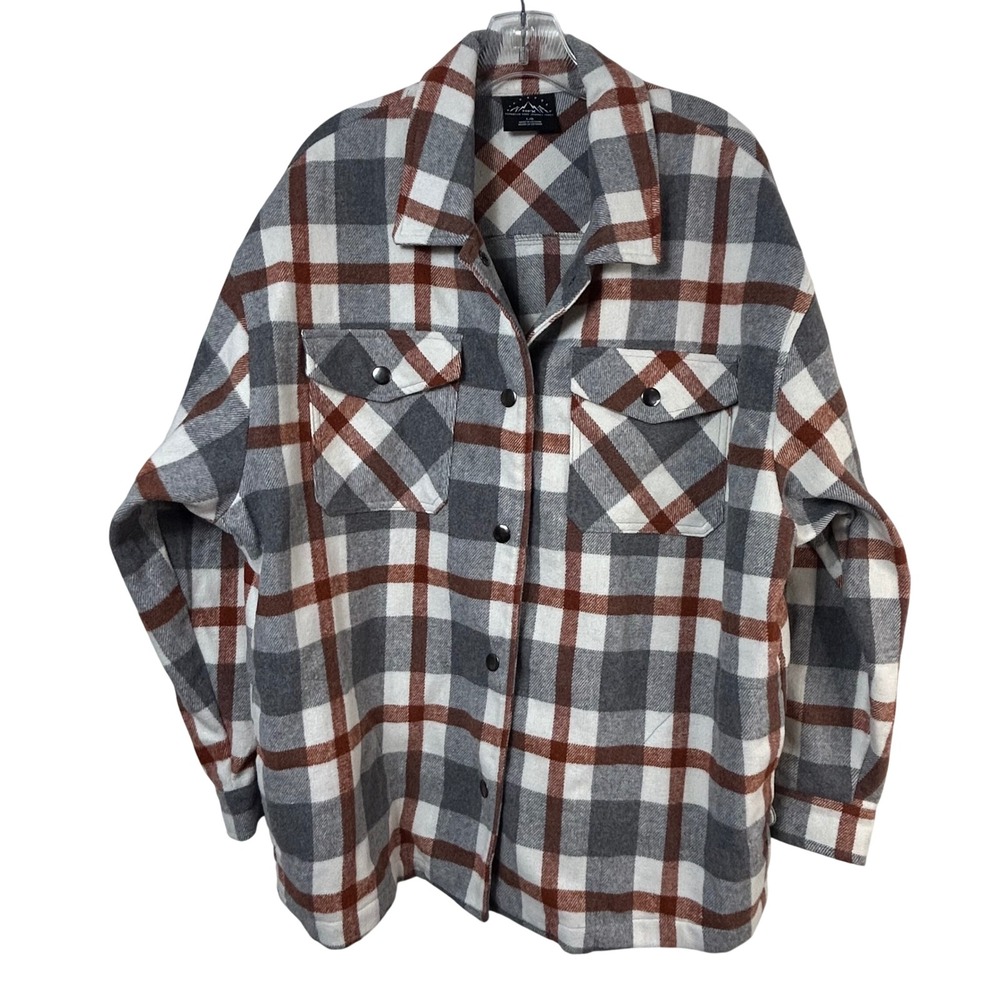 HFX Mens Plaid Snap Front Flannel Shacket Shirt Jacket Grey Brown Large